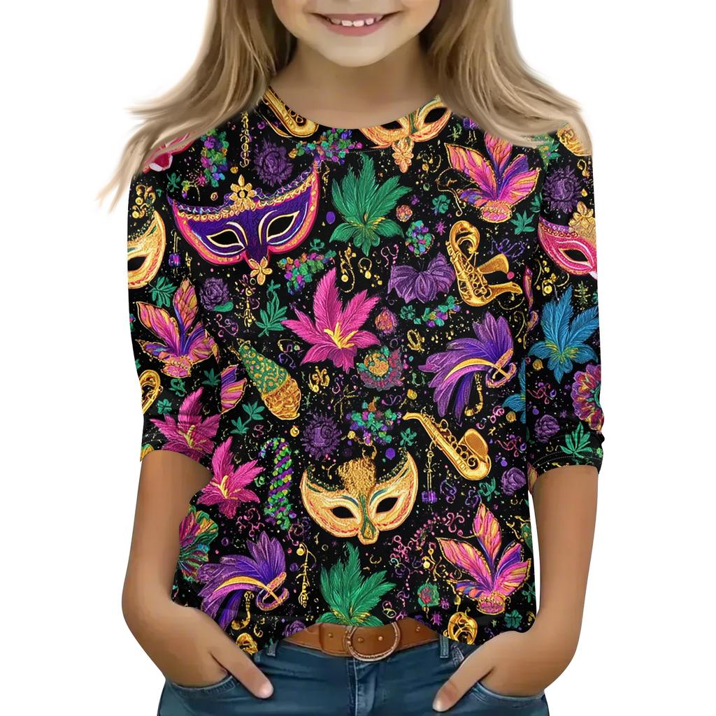 Print Tops For Youth Girls Round Neck 3/4 Sleeves T-Shirts Trendy Tops Outfit Tees