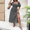 New large size women's clothing large size temperament thin split flower dress summer