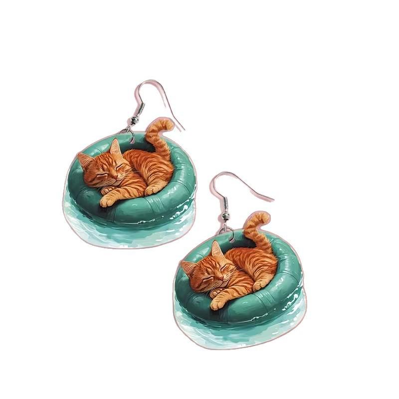 Cute Kitten Acrylic Earrings - 2D Flat Animal Design with Creative Cool Cat Swimming Ring