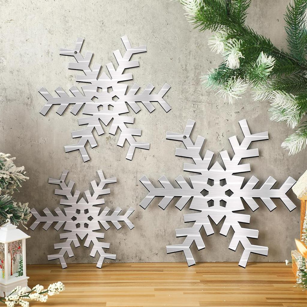 3 Pcs Metal Snowflake Wall Decor Winter Large Snowflake Decorations 12 10 8 Silver Rustic Snow Hanging Ornaments Farmhouse Metal Snow Flake on Rope