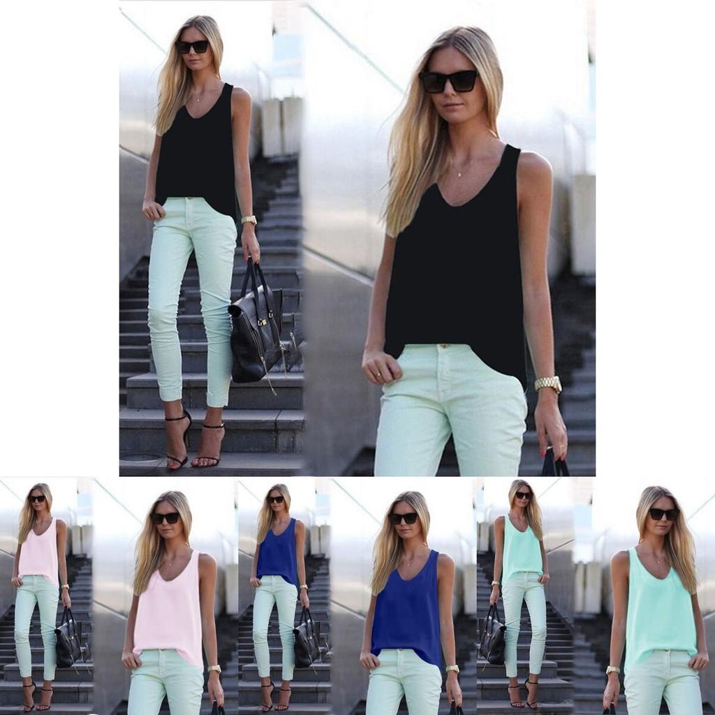 Elegant Womens V Neck Chiffon Sleeveless Blouse Loose Fit Casual Summer Tank Top