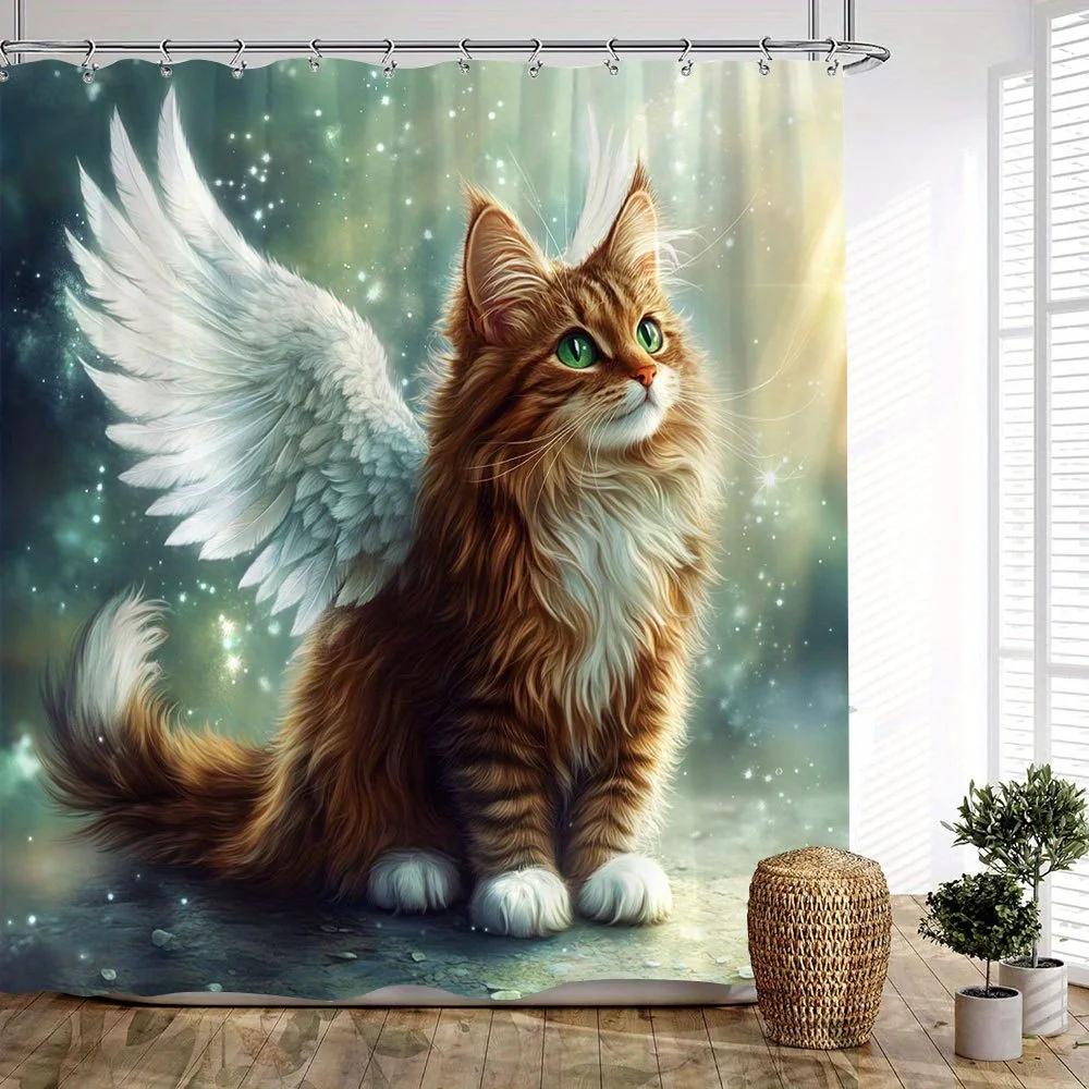 Angel Cat Waterproof Mildew-Resistant Shower Curtain - Magical Design for a Whimsical Bathroom Décor Experience