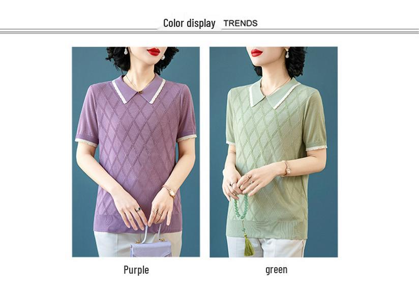 Mother's Day Elegant Knitted Loose Lapel T-shirt - Summer Style for Middle-Aged and Elderly Women