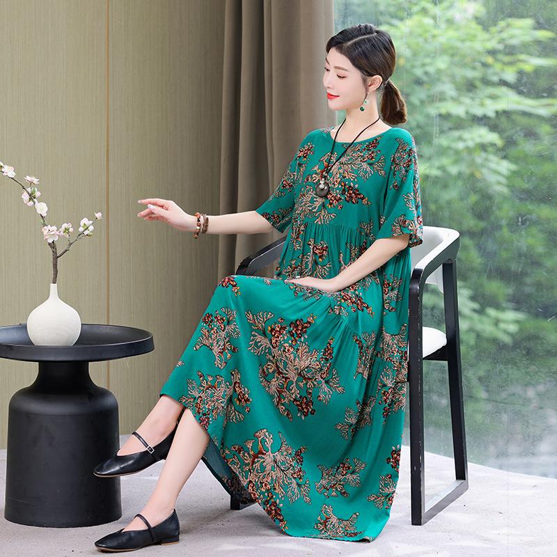 Plus Size Floral Dresses for Women  Oversize Loose Short Sleeve Summer Long Dress Middle-aged Women Summer Sundresses