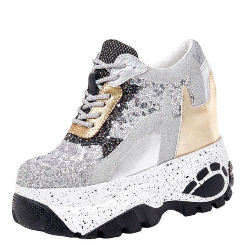 Fashion 12.5cm New Synthetic Women High Brand Designer Shoes Ladies Vulcanize Autumn Spring Mixed Color Bling Breathable Sneakers