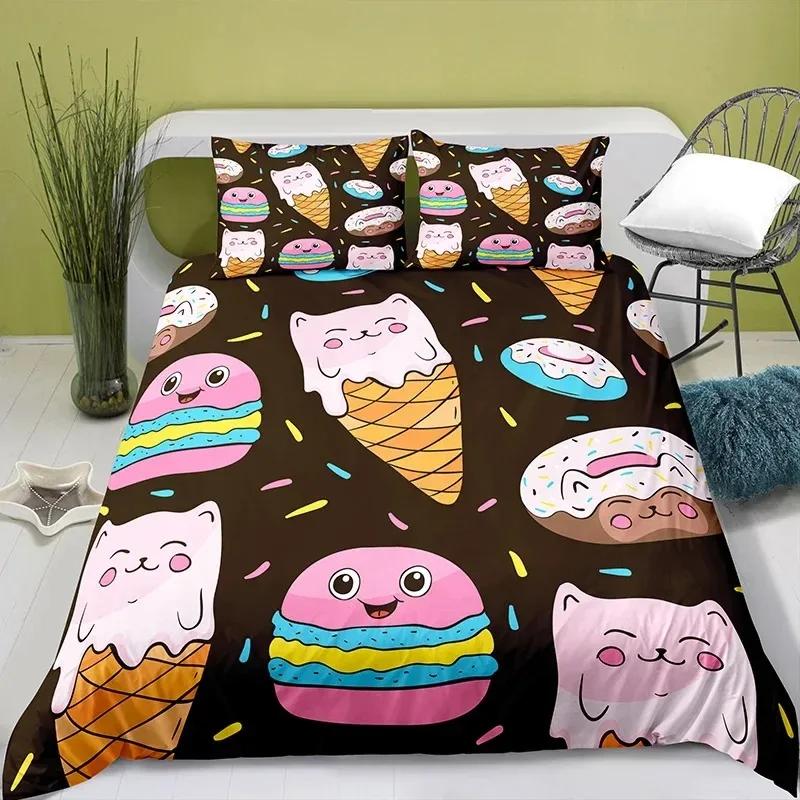 Lovely Cartoon Food King Queen Duvet Cover Pearl Milk Tea Bedding Set Kids Teens Adults Dessert Fries Cola Polyester Quilt Cover