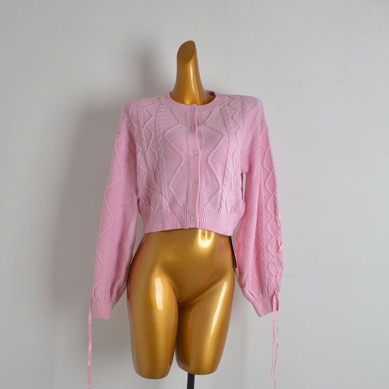 Export Tail Single Pure Color Round Neck Single Breasted Knitting Cardigan Women's Clothes Spring & Fall Slim-Fit Short Long Sleeve Coat Top