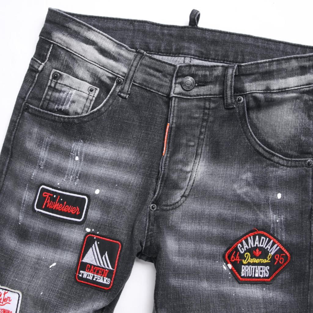 Vintage Badge Embroidered Distressed Elastic Slim-fit Cropped Mens Denim Jeans D4021