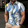 Women Short Sleeve Polo Shirt Dark Blue Teal Spiral Dot Circle Print Half Zip Lapel Top