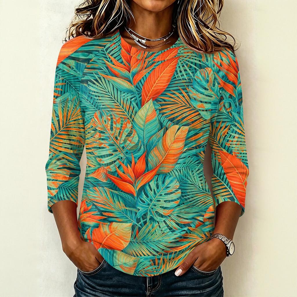 Women's Casual Floral Print Raglan Sleeve Round Neck Three-Quarter Sleeve Pullover T-Shirt