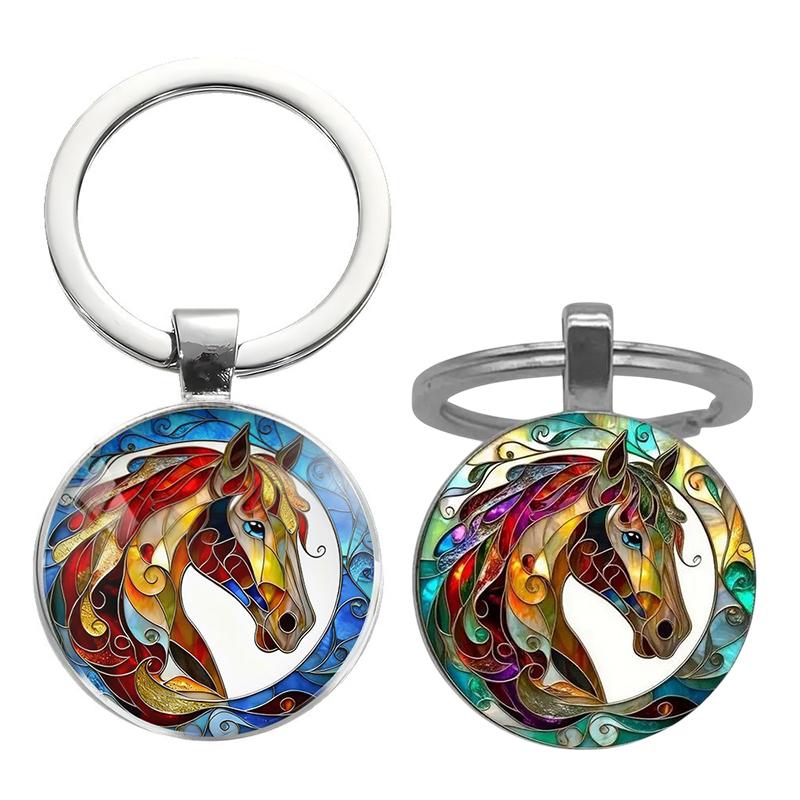 Vintage Horse Head Pattern Circular Pendant Keychain Backpack Hangings Decoration Gifts