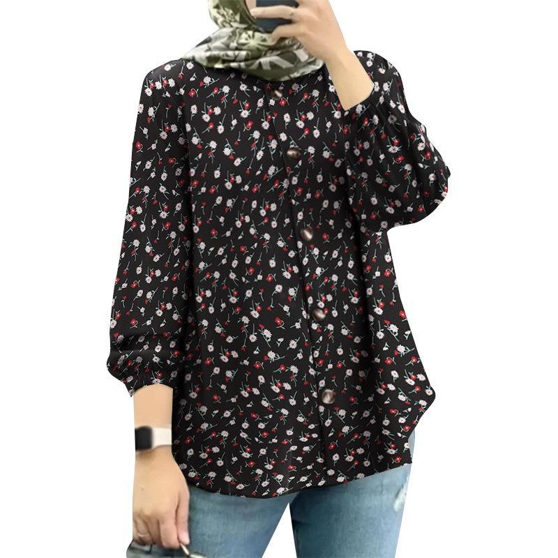 2025 New Women's Muslim Floral Shirt with Fashion Puff Sleeves