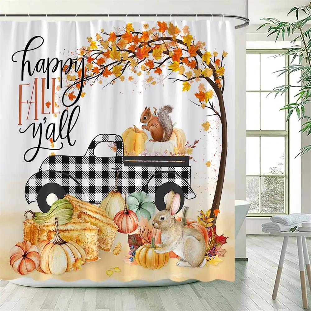 Fall Maple Leaves Shower Curtains Rustic Farm Truck Sunflower Pumpkin Squirrel Autumn Thanksgiving Bathroom Decor Set With Hooks