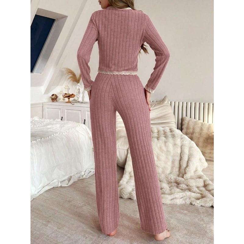 Autumn Winter Lace Patchwork Long Sleeve V-neck Top Elastic Waist Straight Pants Set Ladies Loose Homewear Suit
