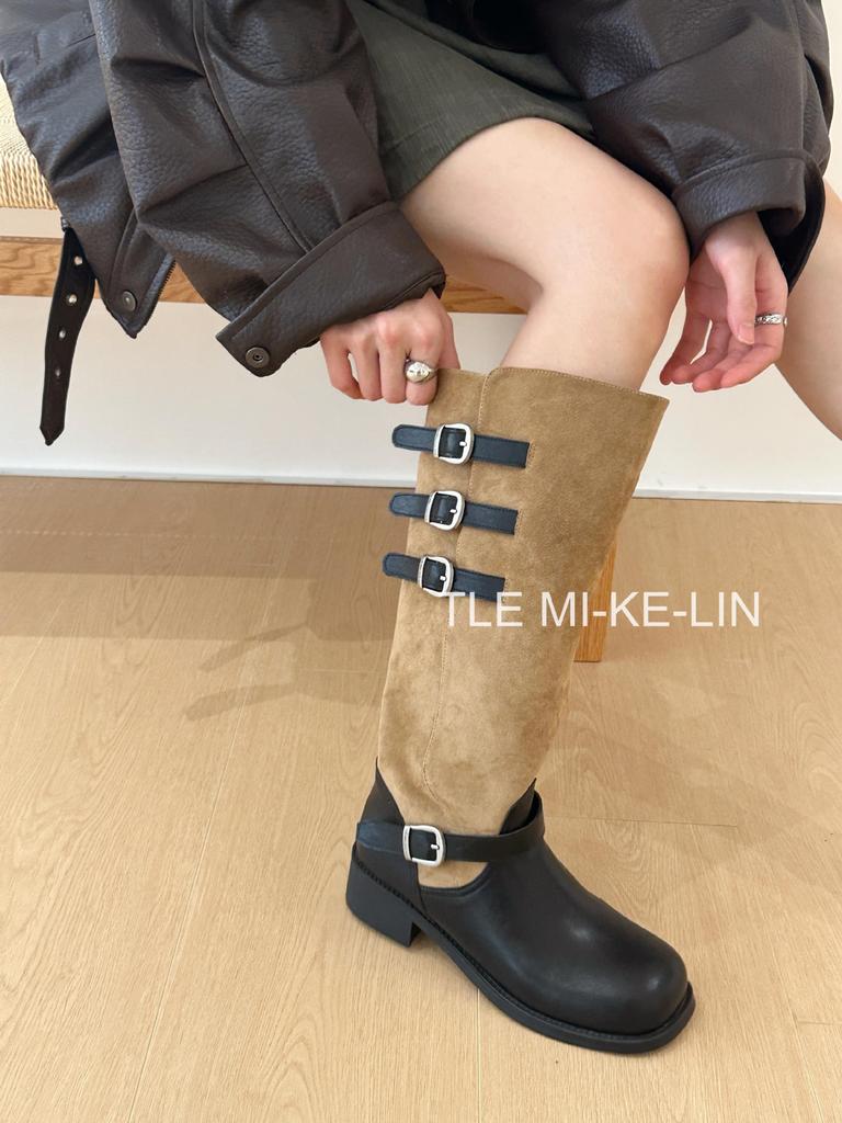 Korean British style women's long boots, belt buckle color matching pile boots, medium tube knight Martin boots, but knee-thin boots