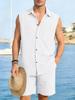 Men's European and American Linen Casual Short-Sleeve Button-Down Shirt & Vest Shorts Set