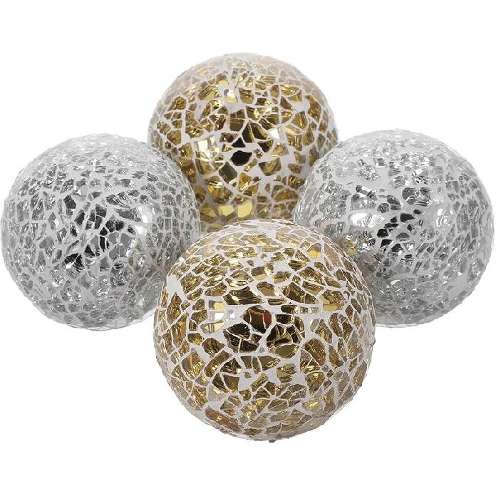 Mosaic Decorative Balls 4 Pcs Decorative Balls 2.4 Inch Mosaic Glass Balls Centerpiece Balls Glass Mosaic Orbs for Wedding Party Home Decor Glass 2 Pcs Gold and 2 Pcs Silv