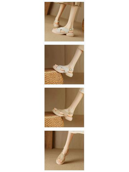 2025 Damen Sommer Französische Weiches Leder Peeptoe Sandalen mit Überkreuzriemchen und Dicken Sohlen