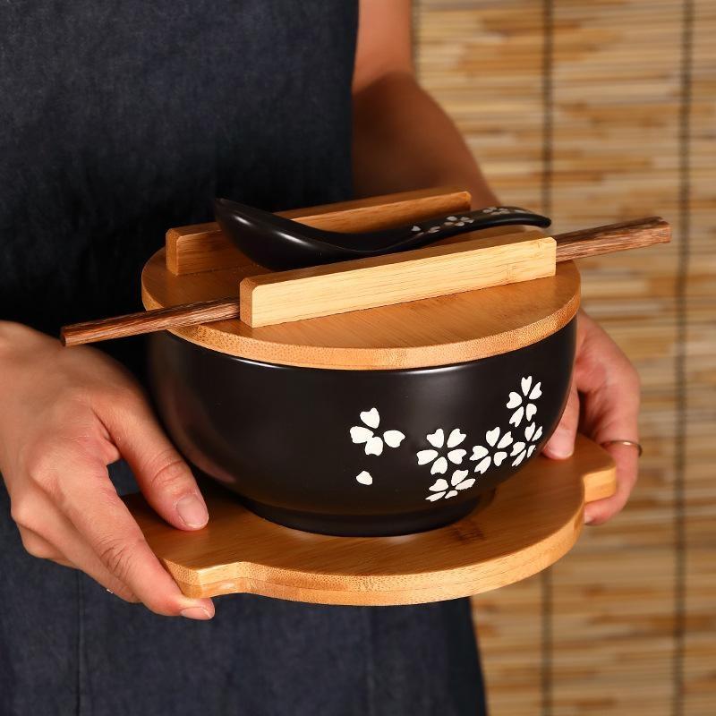 Bol à Nouilles de Riz Style Japonais Avec Couvercle Cuillère Et Baguettes Vaisselle de Cuisine Bol à Salade Soupe en Céramique Récipient Alimentaire Vaisselle
