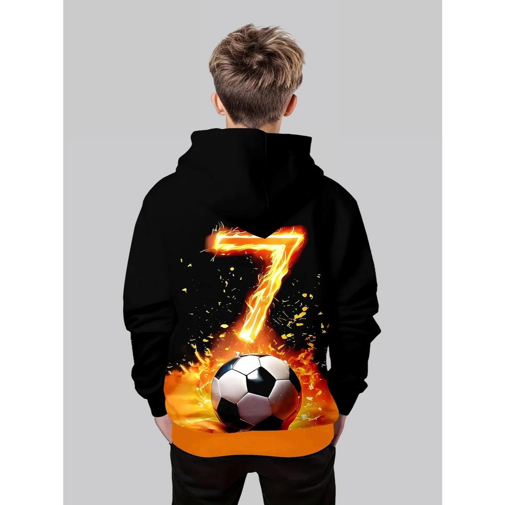 Boys' Fashionable 3D Printed Casual Hooded Sweatshirt, Football Spring and Autumn Winter Long Sleeved Sportswear, Size 7
