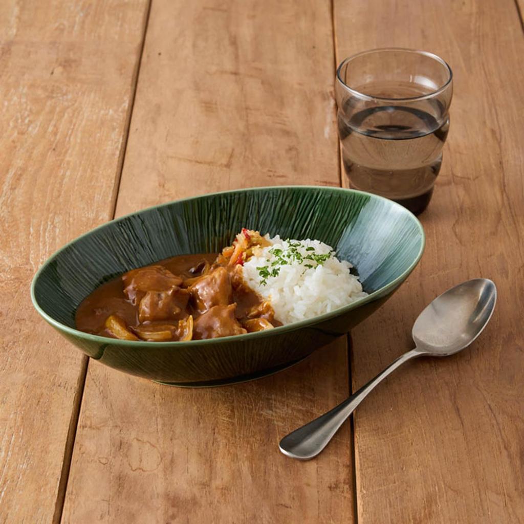 Mino ware curry approximately 25cm microwave and dishwasher crease made in product number "miyama" dish, oval, diameter, safe, pattern, Oribe, Japan,