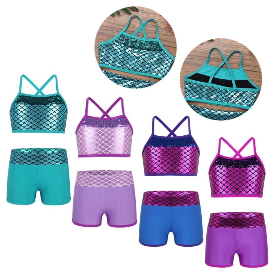 Kids Girls Swimming Dance Athletic Outfit Shoulder Straps Sequins Crop Top+Shorts Gymnastics Clothes