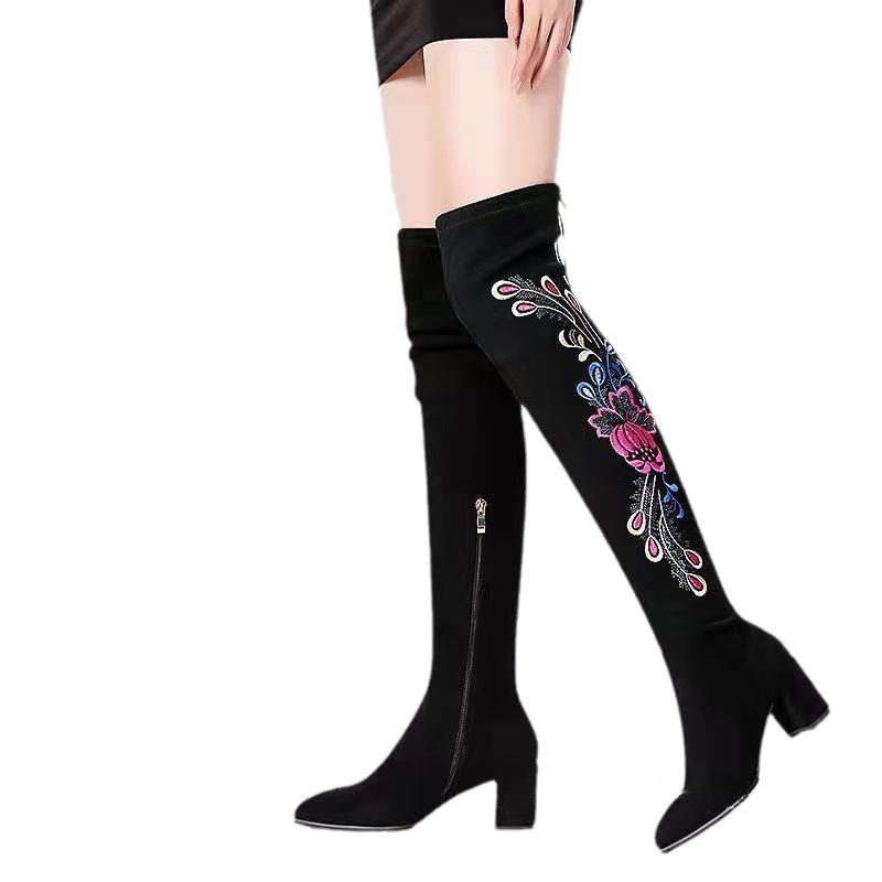 Damen Stiefeletten mit Stickerei, Herbst, neue High Heels, Schlupfschuhe, spitze Zehenpartie, lange Damenstiefel mit elastischem Overknee-Absatz