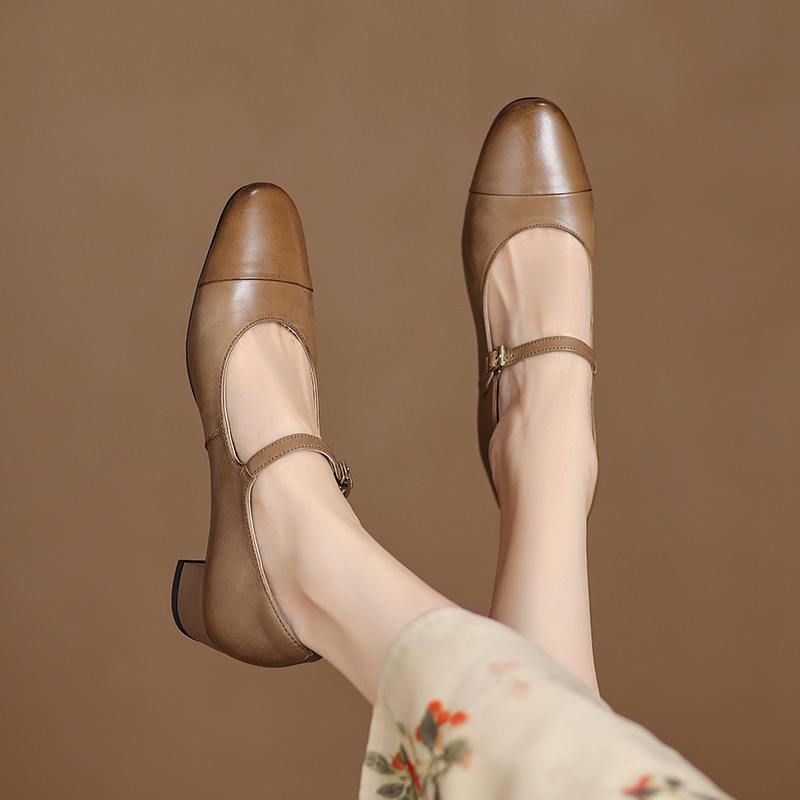 Krazing Pot Cow Skin Spring Summer Size 41 Thick Med Heels Women Round Toe Metal Buckle Straps Shallow Pink Color Pumps