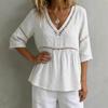 2026 New Women's Solid Color V-neck Hollow Casual Top with Lace Trim Cotton-Linen Shirt