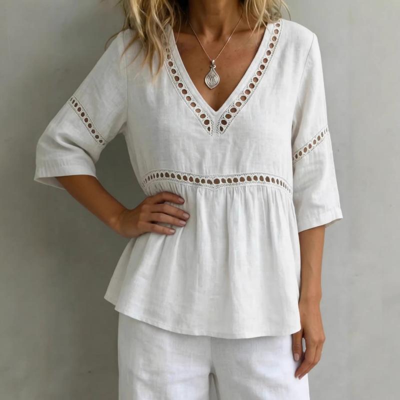 2026 New Women's Solid Color V-neck Hollow Casual Top with Lace Trim Cotton-Linen Shirt