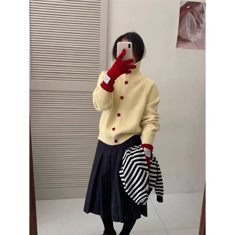 Spring new love buckle design sense knitted cardigan loose soft waxy temperament sweater jacket women