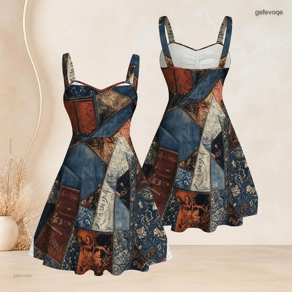 Women Plus Size White Purple Printed Sleeveless Strappy Dress Square Neck Fitted Waist Flared Hem