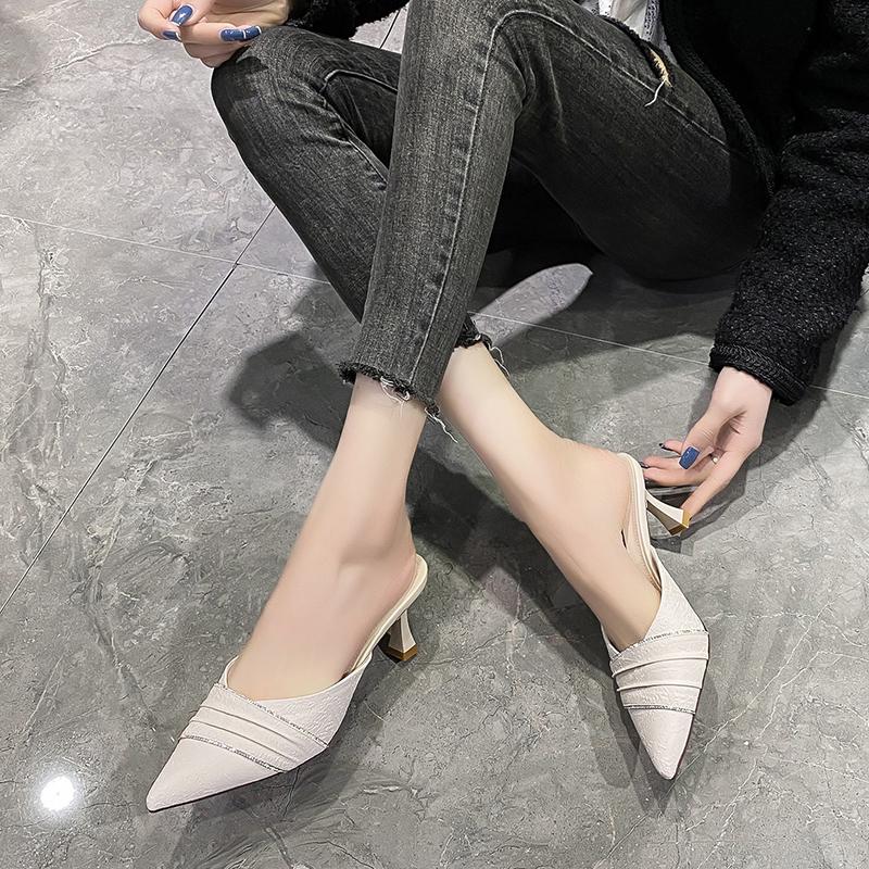 Spring New Baotou Slippers Women's Pointed Head Shallow Mouth Glitter Anti-slip Wear-resistant High Heels