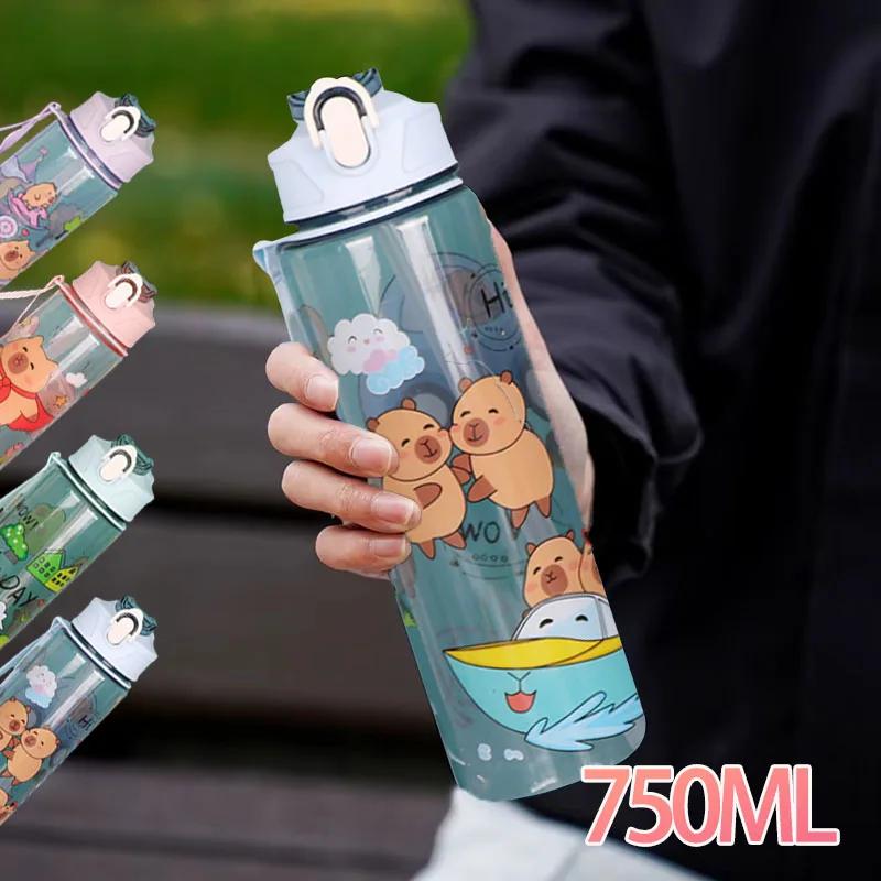 1-10PCS Capybara Straw Cup Cute Cartoon Water Bottle with Carry Strap Leakproof Portable Outdoor Drinking Cup Sports Bottle