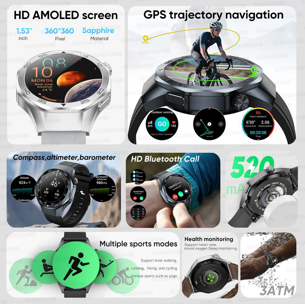 New GPS Position Smart Watch Men 1.53'' AMOLED HD Screen Compass Heart Rate 3ATM Waterproof Call Sports Business Smart Watch