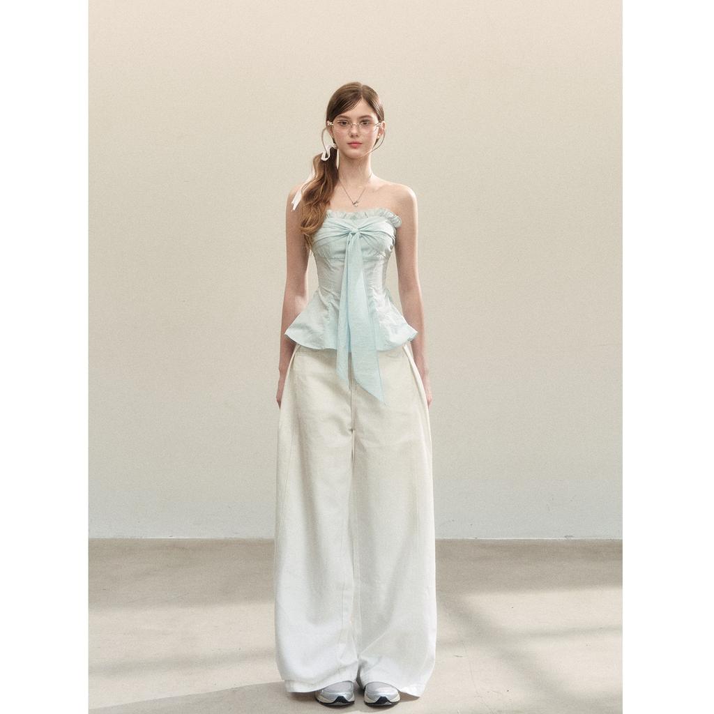 Gentle and Sweet Wind Bow Strap Design Tube Top Summer Waist Thin Fresh Age-reducing Versatile Top
