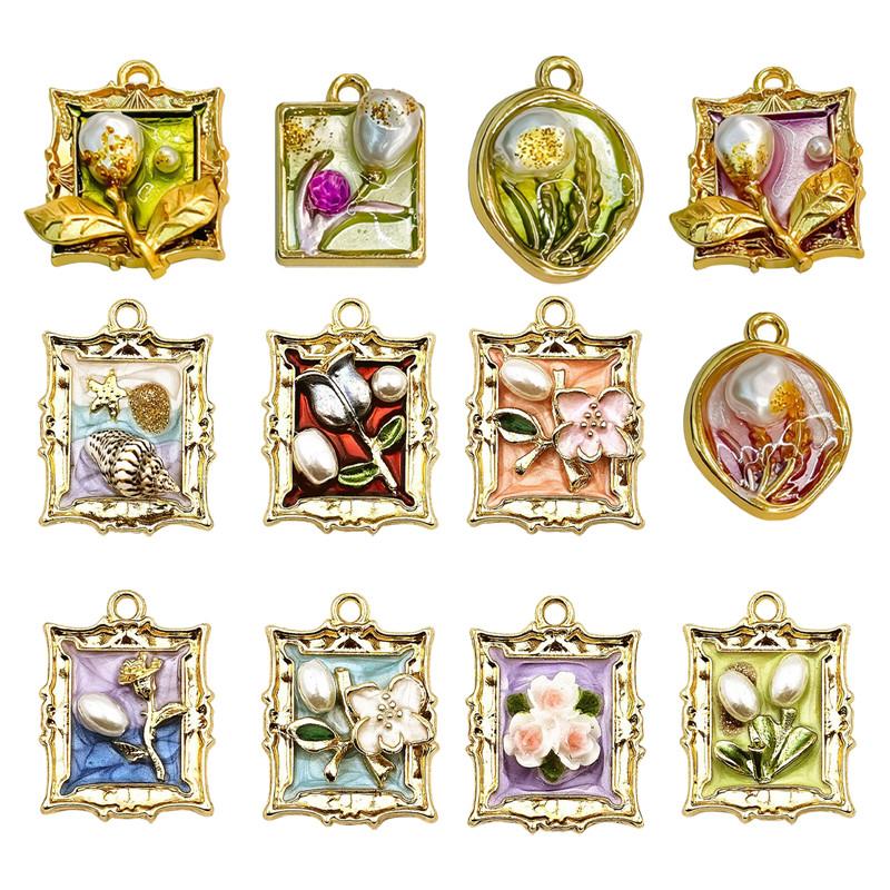 Stainless Steel Charms Vintage Oil Painting Pearls Flowers Pendants Beads Earrings Necklace Jewelry DIY Making for Woman Gift