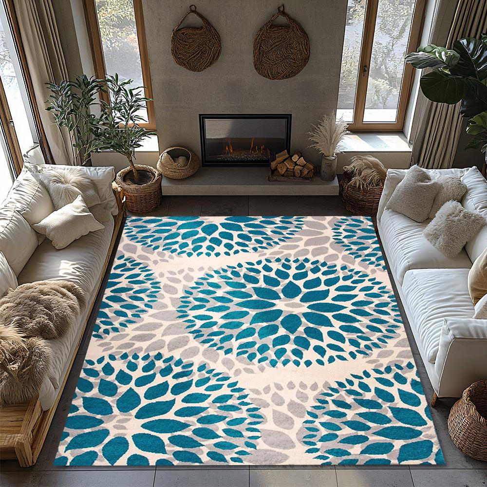 Blue Gray Floral Bohemian Rug, Flower Pattern Non-Slip Carpet, Soft Living Room Mat for Cozy Home Decor