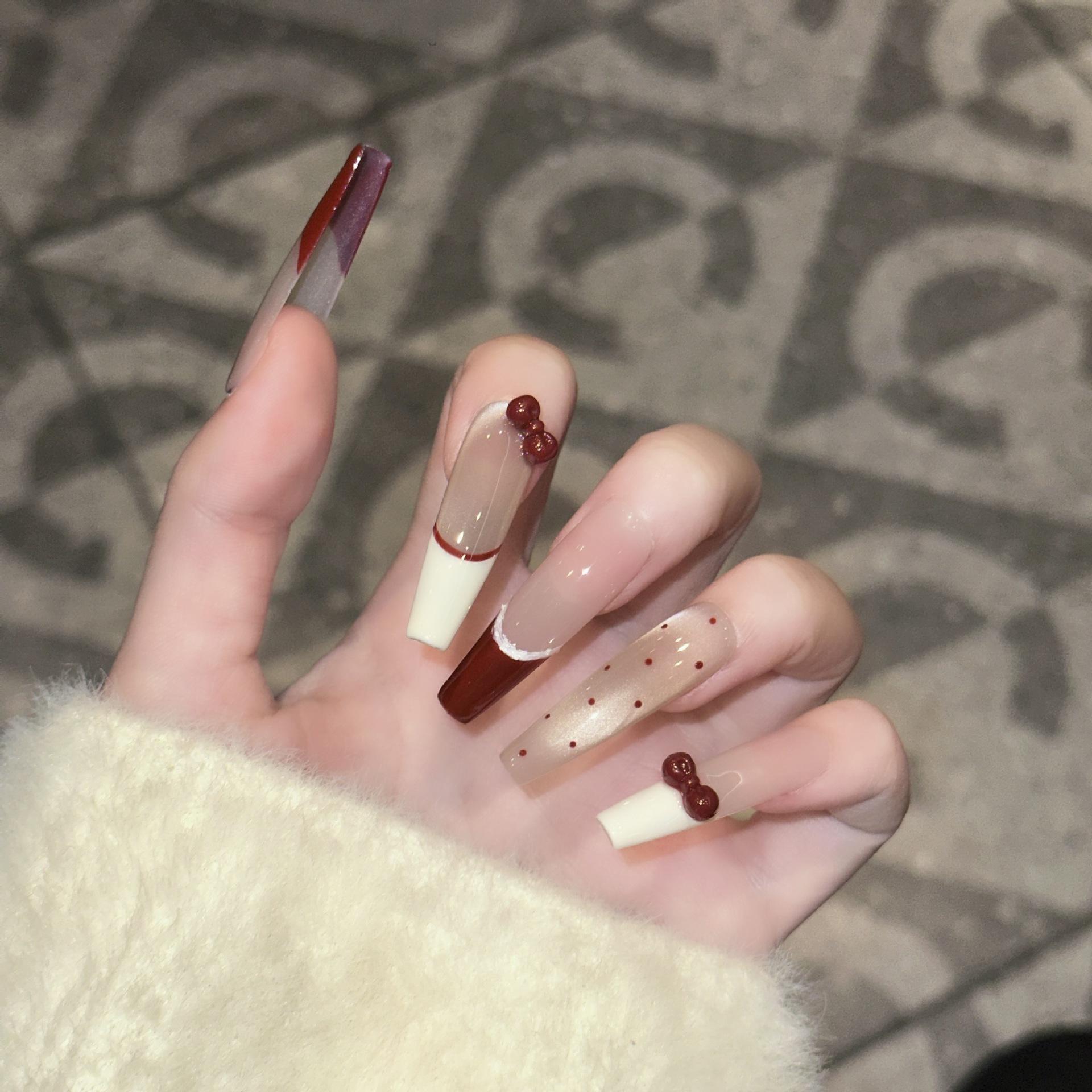 

Handmade Cat-Eye Gel Nails: Nude French Bow Style, Removable, Hot Selling Medium