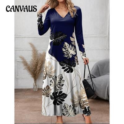Spring and Autumn Women's Dress Printed V-neck Long-sleeved Dress