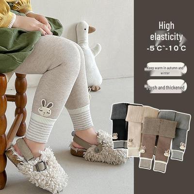 Dziewczęce Legginsy Polarowe z Aksamitnym Podszyciem - Średniej Grubości, W Paski z Motywem Królika na Zimę