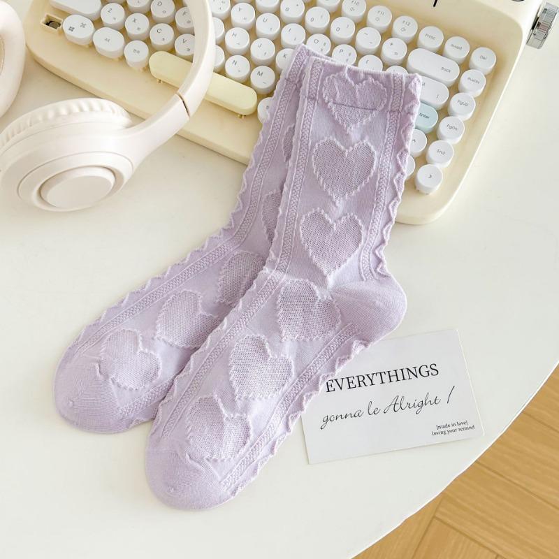 

Женские носки до середины икры для осени и зимы, простые хлопковые носки однотонной расцветки с трехмерным рельефом в виде сердечек, бесшовные носки 1 pair фиолетовый