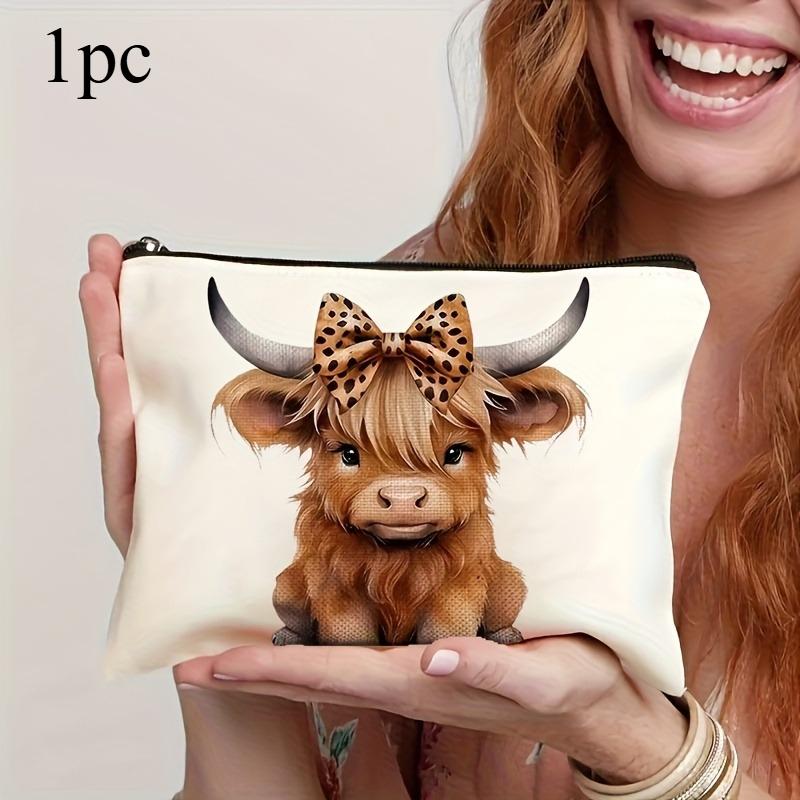 

1 шт. Дорожная косметичка с принтом шотландской коровы, милый дизайн шотландской коровы, леопардовый принт, бант, легкий полиэстер, застежка-молния, косметичка для макияжа