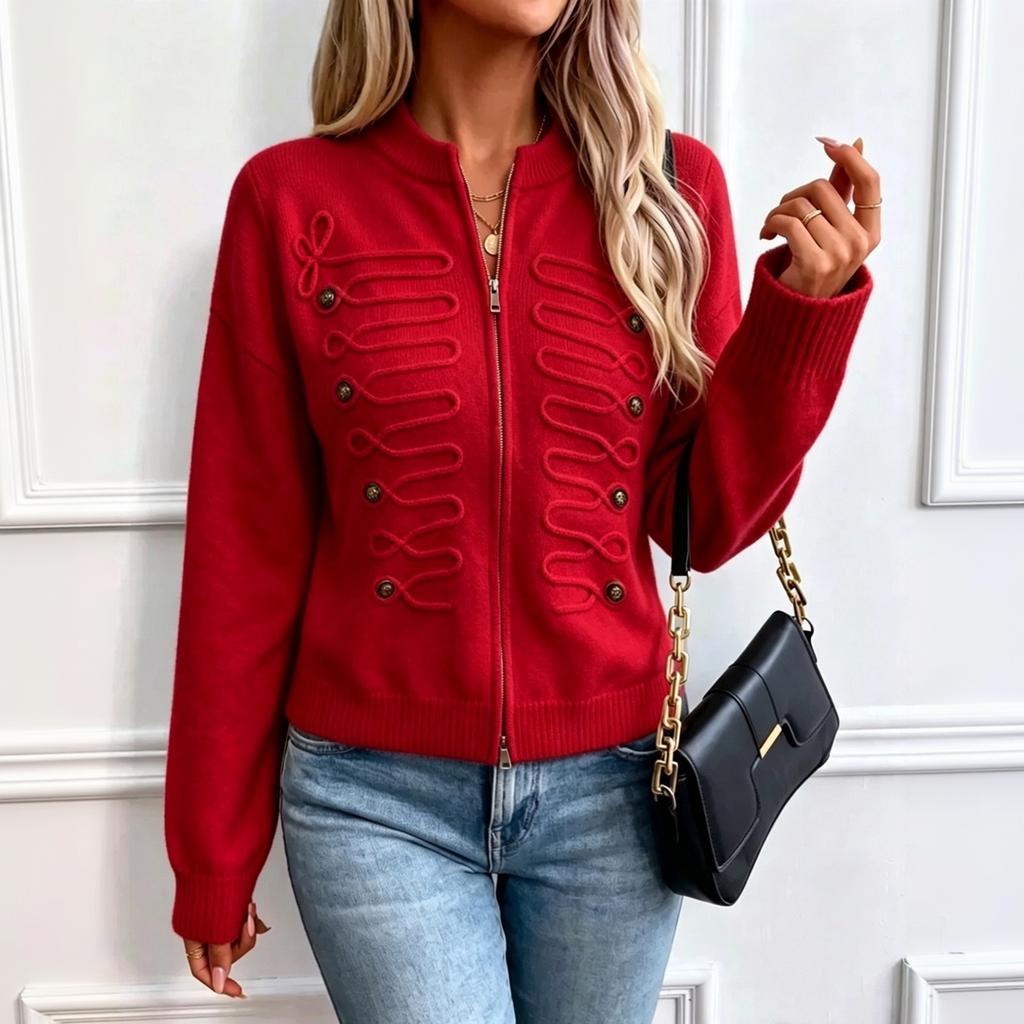 Women's Vintage Button Front Knit Cardigan Round Neck Zip-Up Slim Fit Sweater Jacket