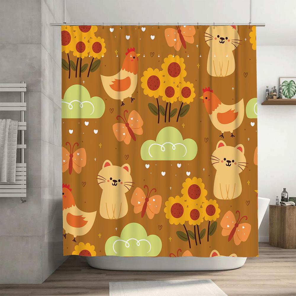 Cute Cartoon Animal Shower Curtain with Sunflower Print for Bathroom Decor Home Decoration Waterproof Fabric Shower Drapes Warm