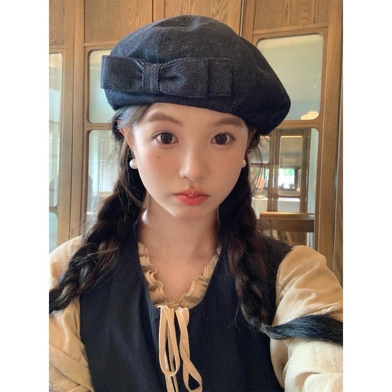 

Ручная работа Милый Двухслойный Бант Джинсовый Берет для Женщин с Маленьким Лицом и Большим Обхватом Головы Шляпа Художника One size