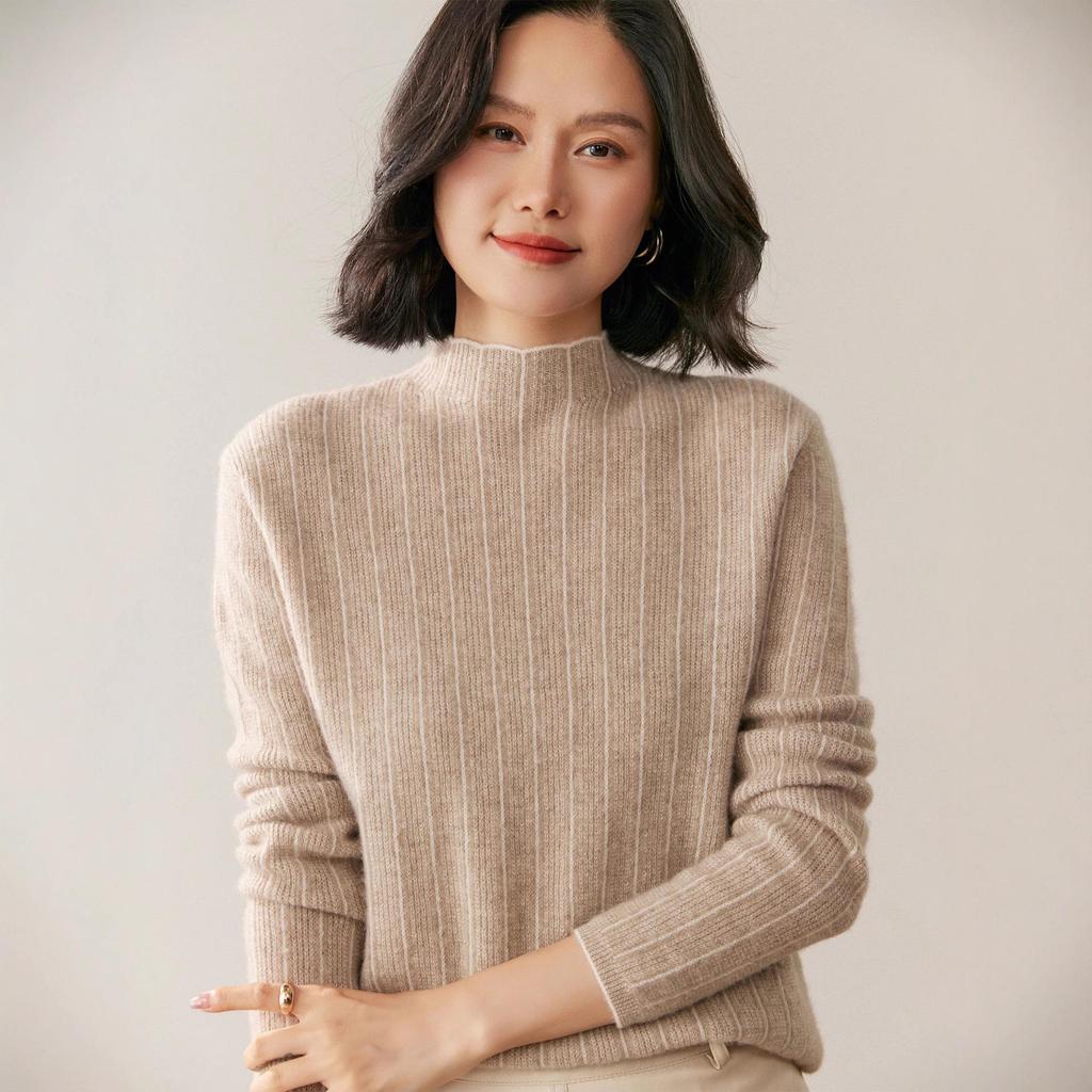 Women's Cashmere Sweater - Autumn/Winter, Half-High Neck, Thin Fit, Long Sleeve Pullover, Fashion Base Layer.
