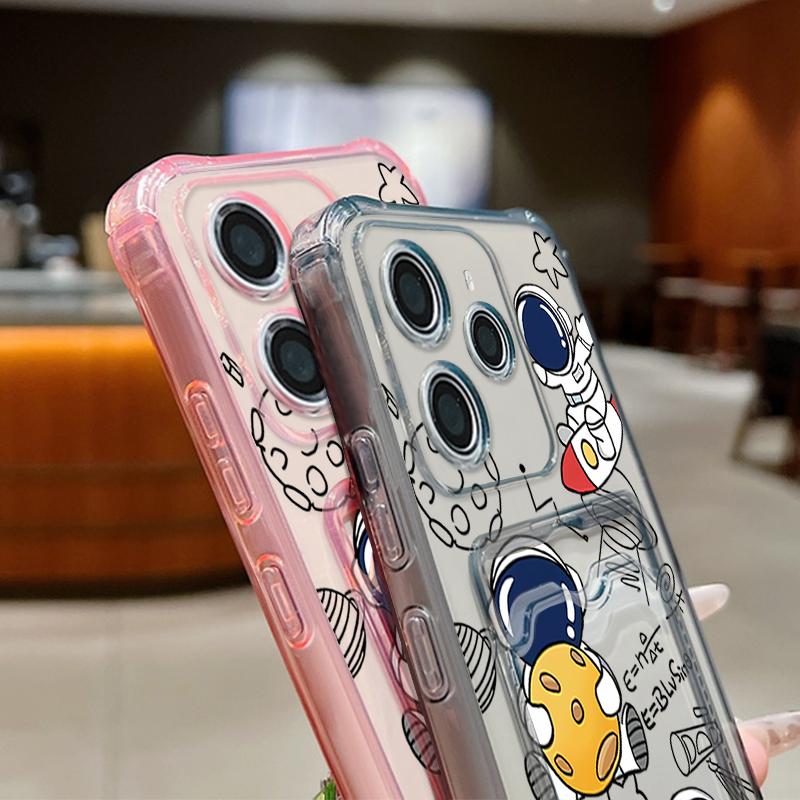 Astronaut Printed Card Slot Clear Phone Case For Xiaomi 14T 13T Pro Poco F6 Pro X6 C65 Redmi Note 13 Pro 12 11 Soft Silicone Shockproof Bumper Cover