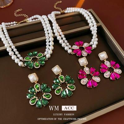 Silver Needle Diamond Flower Pearl Earrings & Necklace Set, Fashion Clavicle Chain, Luxurious Multi-layer Jewelry.