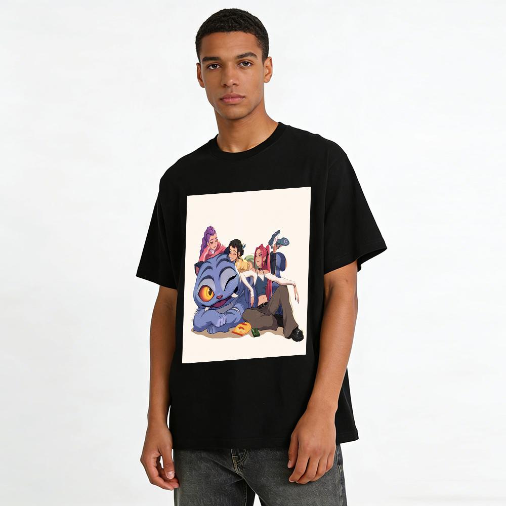 Cartoon Girls & Giant Beast Print Casual T-Shirt Unisex Loose Breathable Daily Top Pure cotton T-shirt